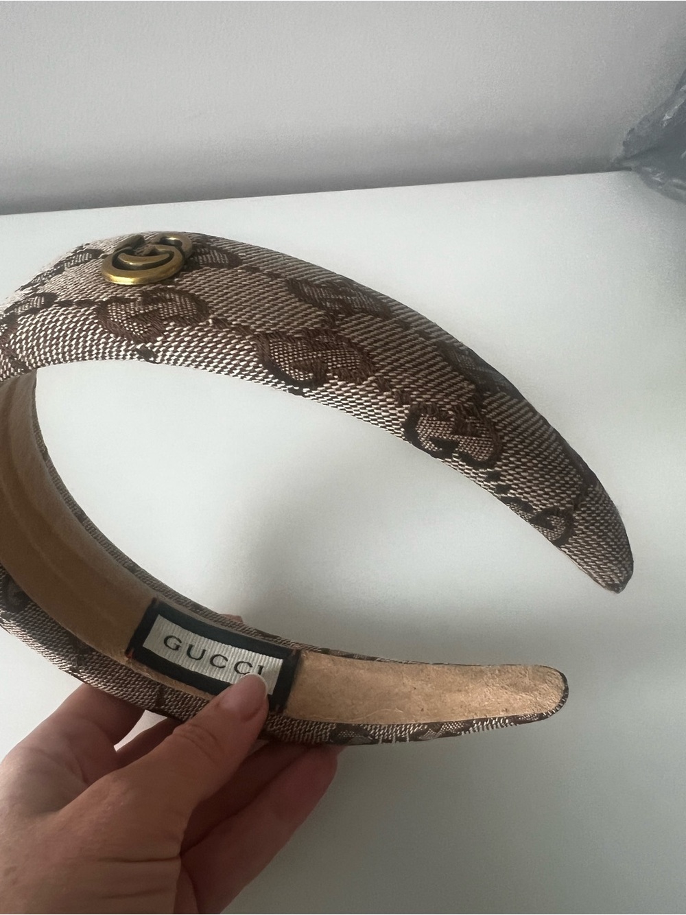 Gucci Brown Beige Monogram Padded Headband with Gold Accent - Picture 6 of 6